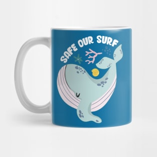 Safe our Surf quote with cute sea animal whale, starfish, coral and shell Mug